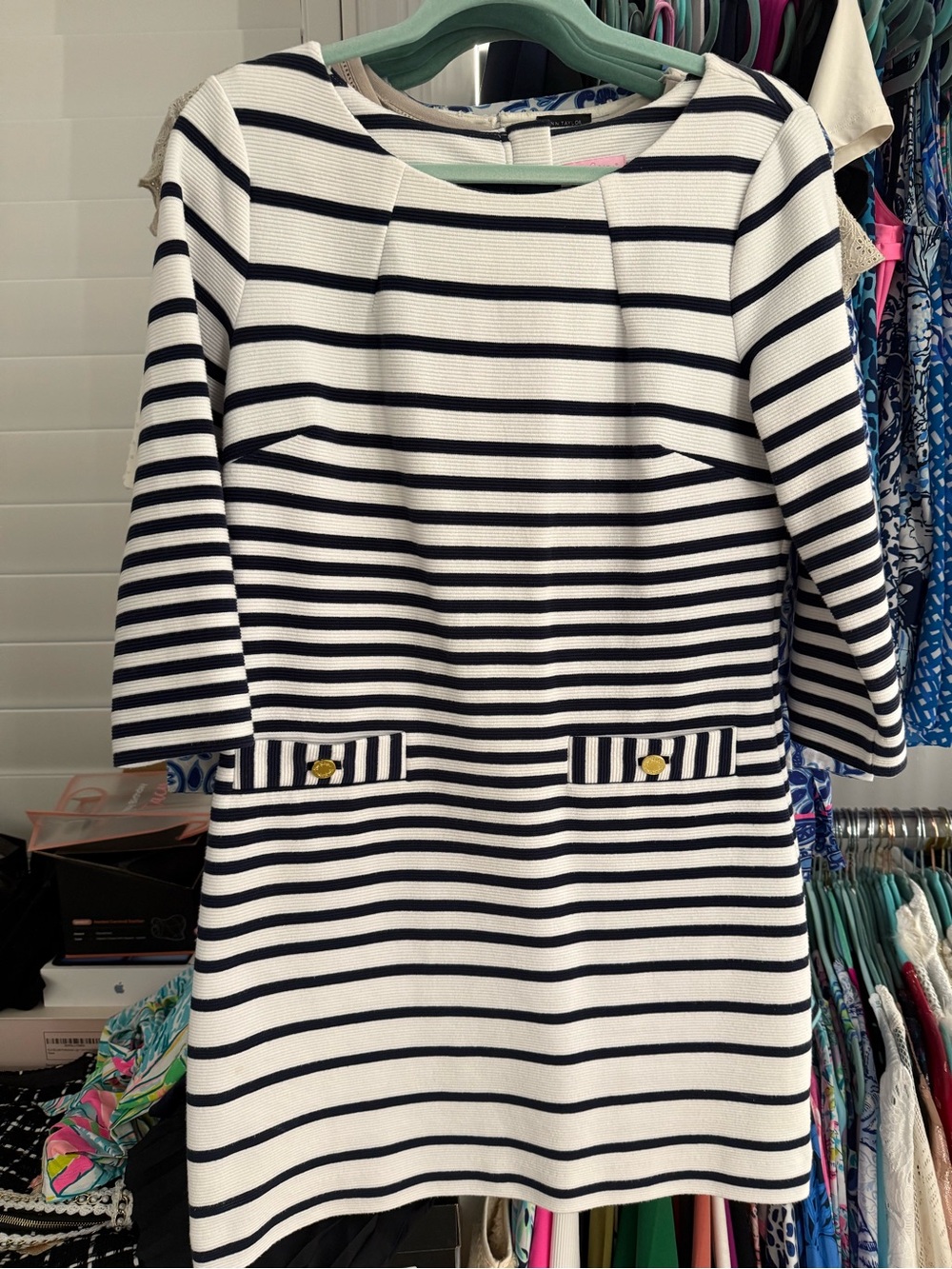 Lilly Pulitzer Navy and White Striped Boatneck Shift Dress Medium